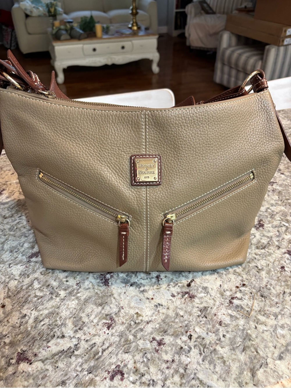 Dooney & Bourke Pebbled Leather Shoulder Bag in Taupe with Brown Trim